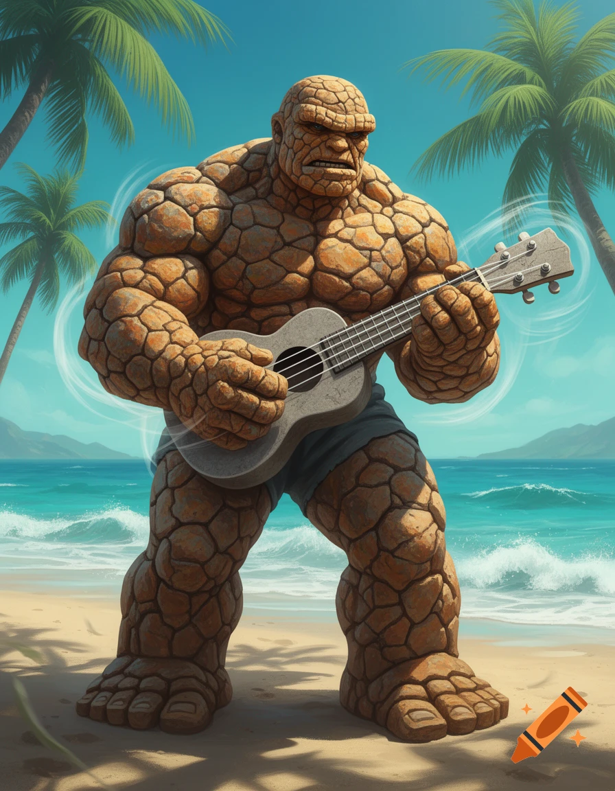The Thing from Marvel Comics playing a ukulele on a sunny sandy beach with palm trees and ocean.