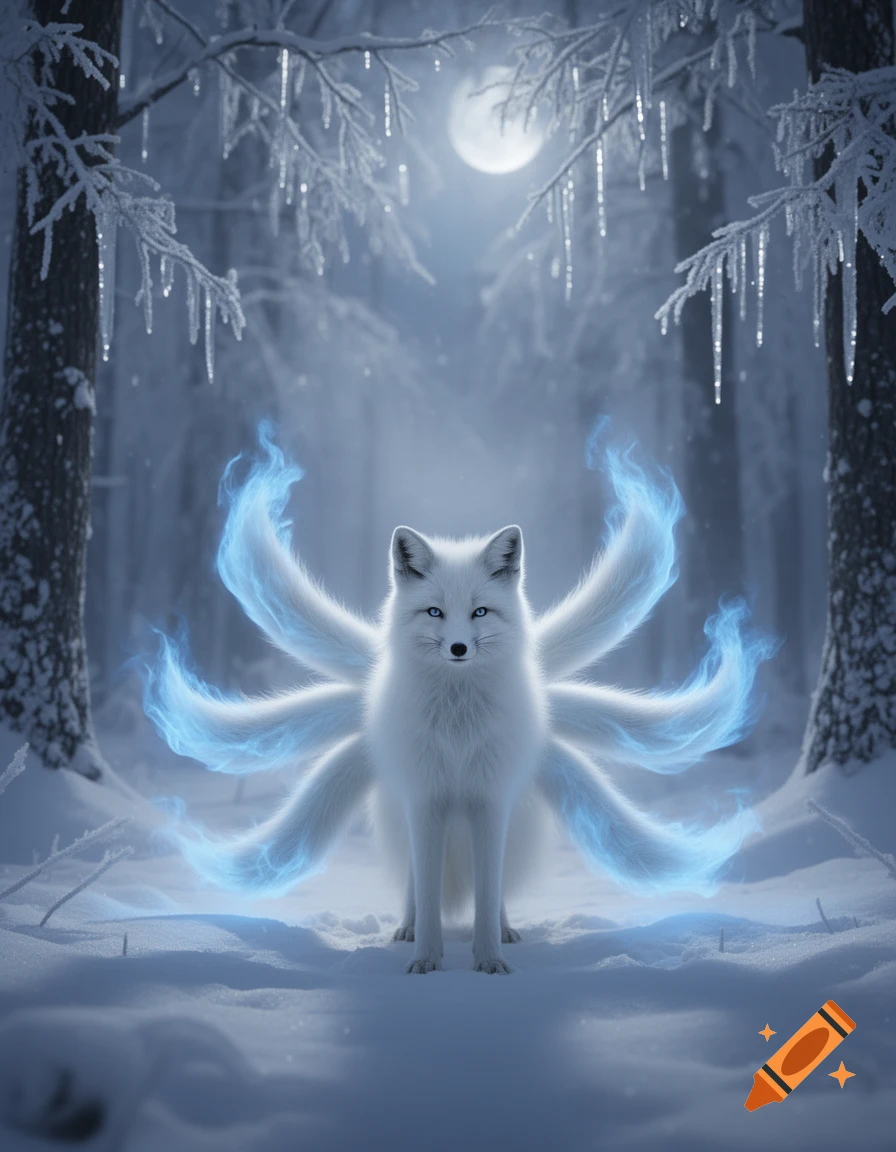 A white nine-tailed fox with glowing blue tails stands in an enchanted, moonlit snow forest adorned with icicles.