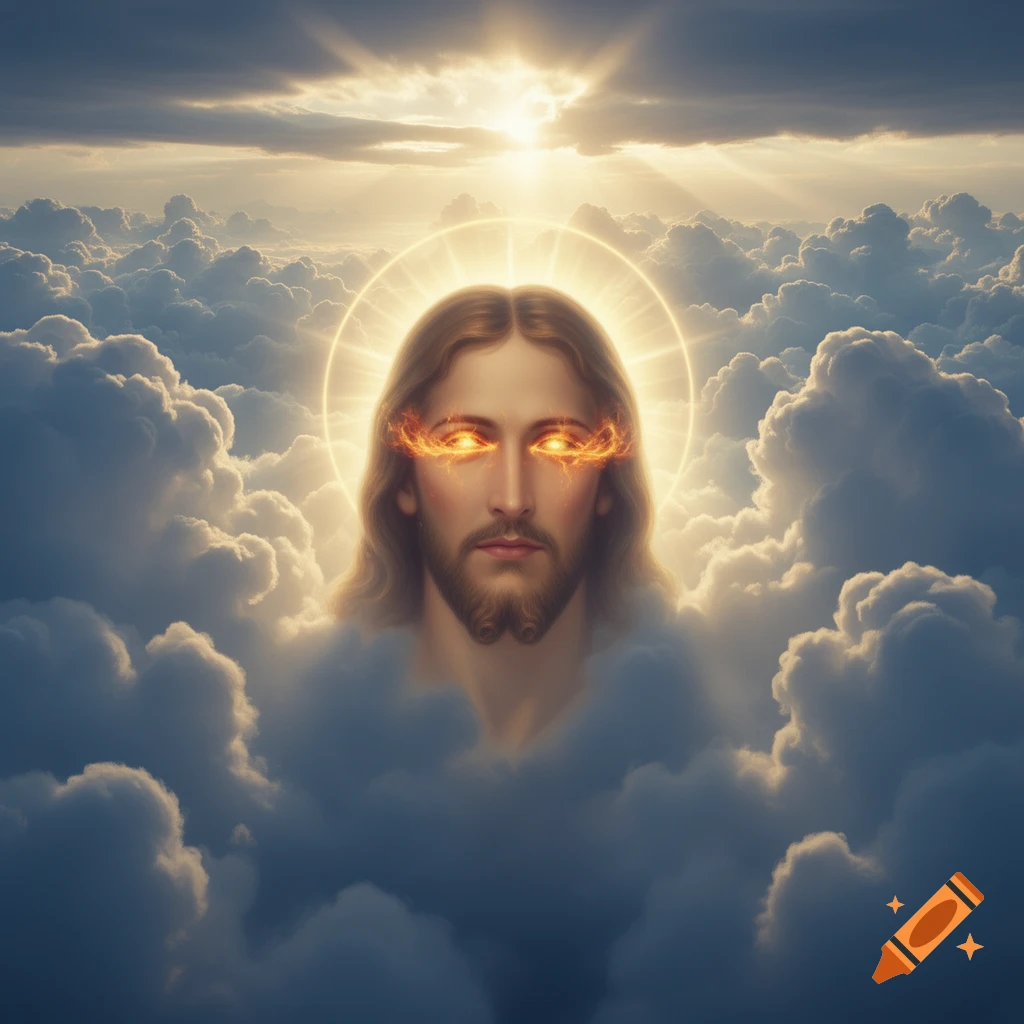 Jesus's face with fiery eyes and a glowing halo, emerging from a bank of clouds under a bright sun.