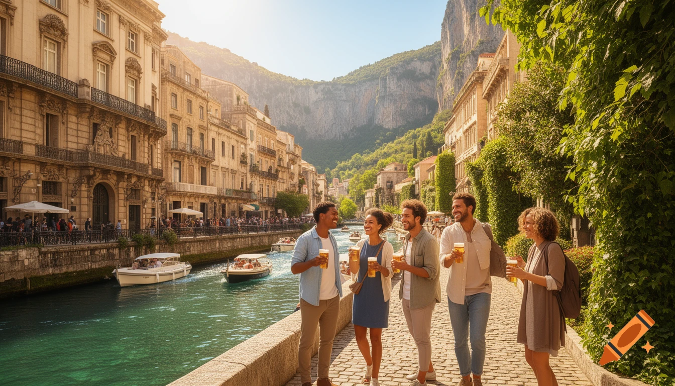 Friends walk along a sunny canal with historic buildings, boats, and green cliffs, holding beers.