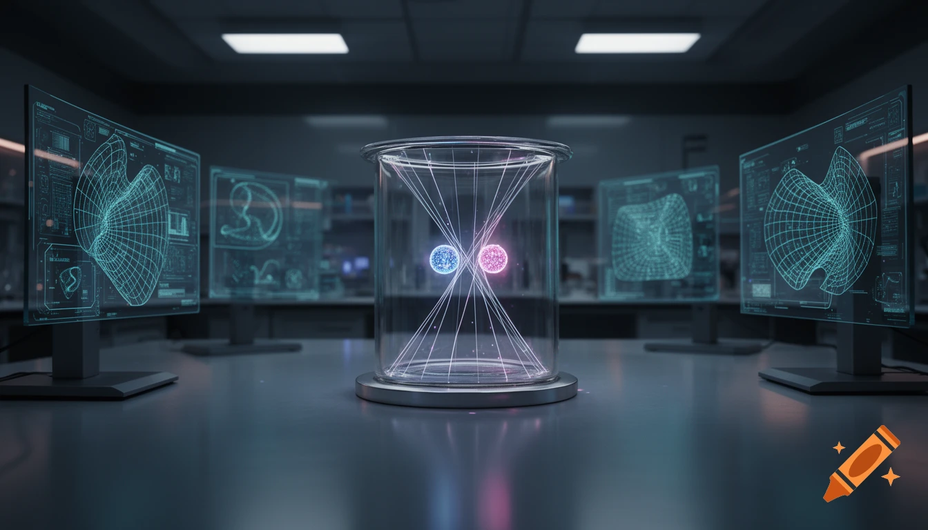 A futuristic physics lab with glowing blue and pink quantum particles suspended in a glass chamber, surrounded by holographic data monitors.