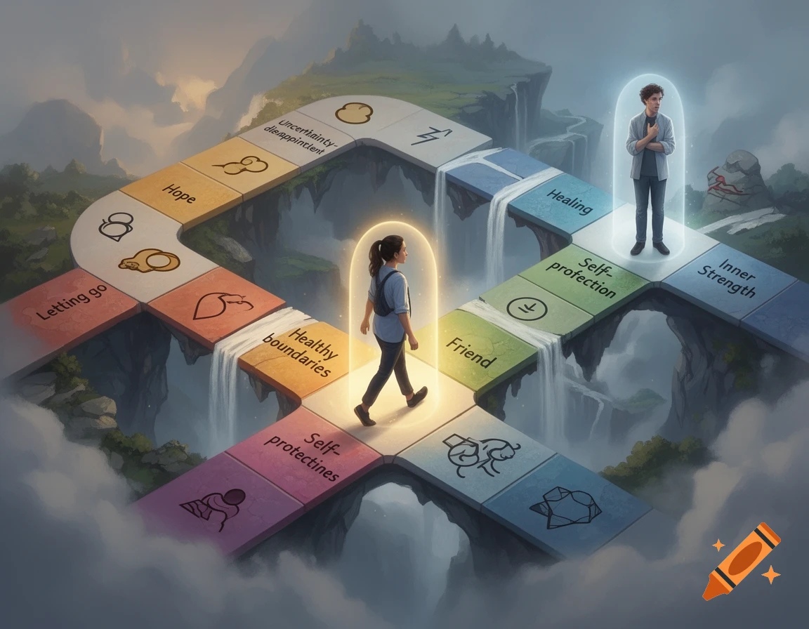 An emotional journey depicted as a board game over mountains and clouds, with a person walking past stages like 'Letting go' and 'Healthy boundaries', moving away from a stationary friend. Waterfalls connect board sections.