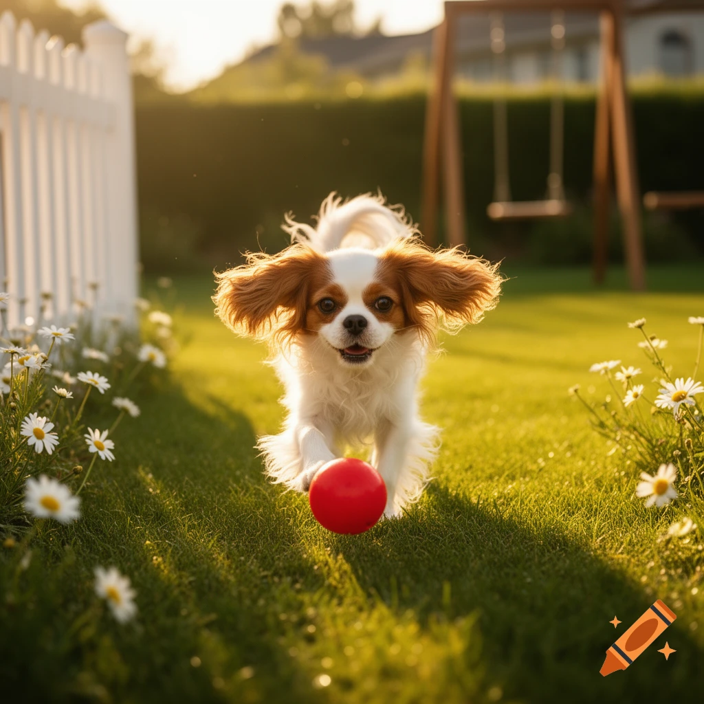 A cute Cavalier King Charles Spaniel dog runs across a sunny green lawn towards a red ball.