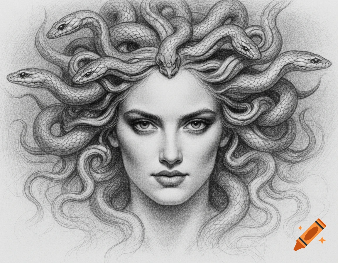 Detailed pencil drawing of Medusa's face with snakes for hair and an intense gaze.