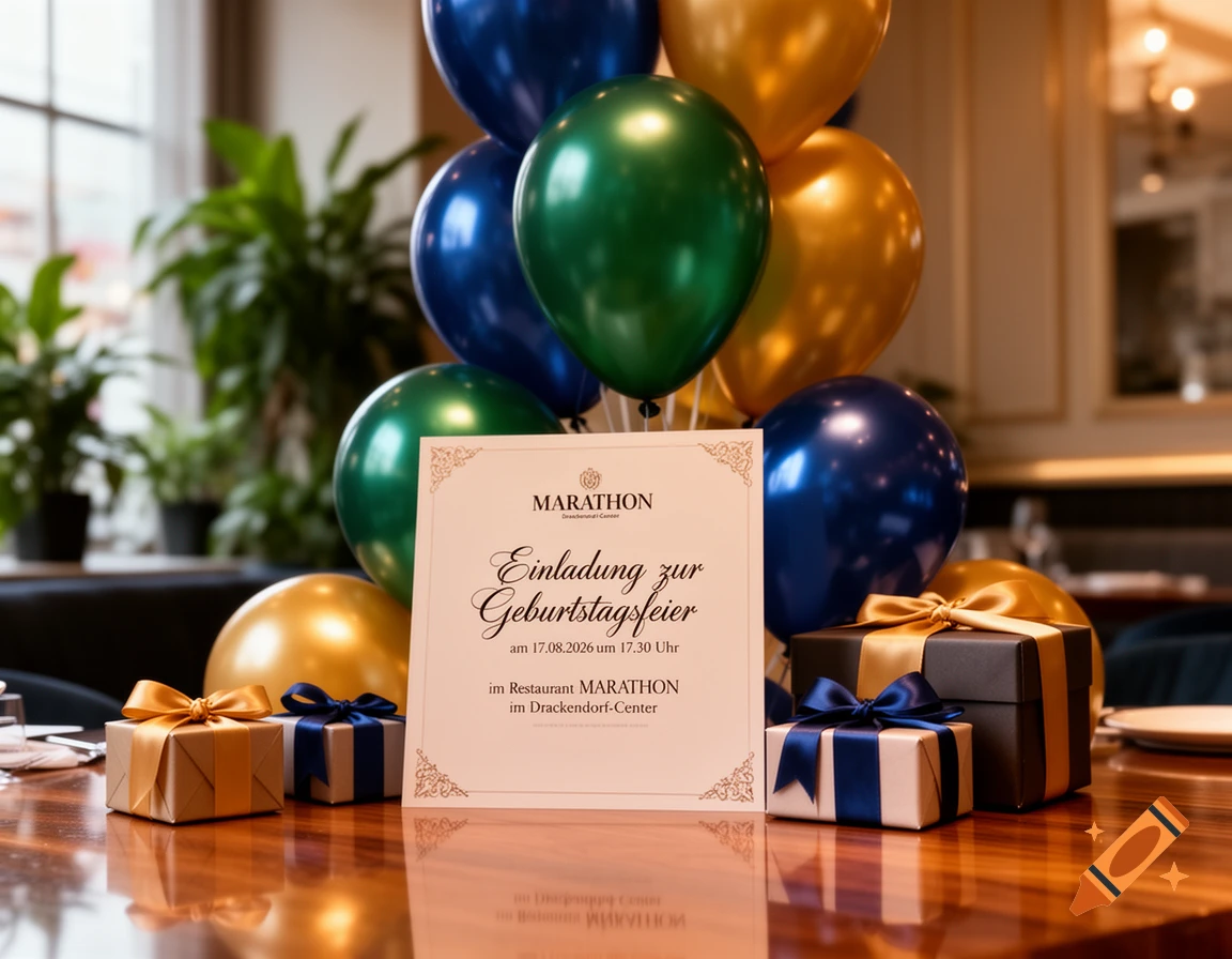 A birthday invitation card surrounded by blue, green, and gold balloons and wrapped gifts on a polished wooden table in a restaurant.