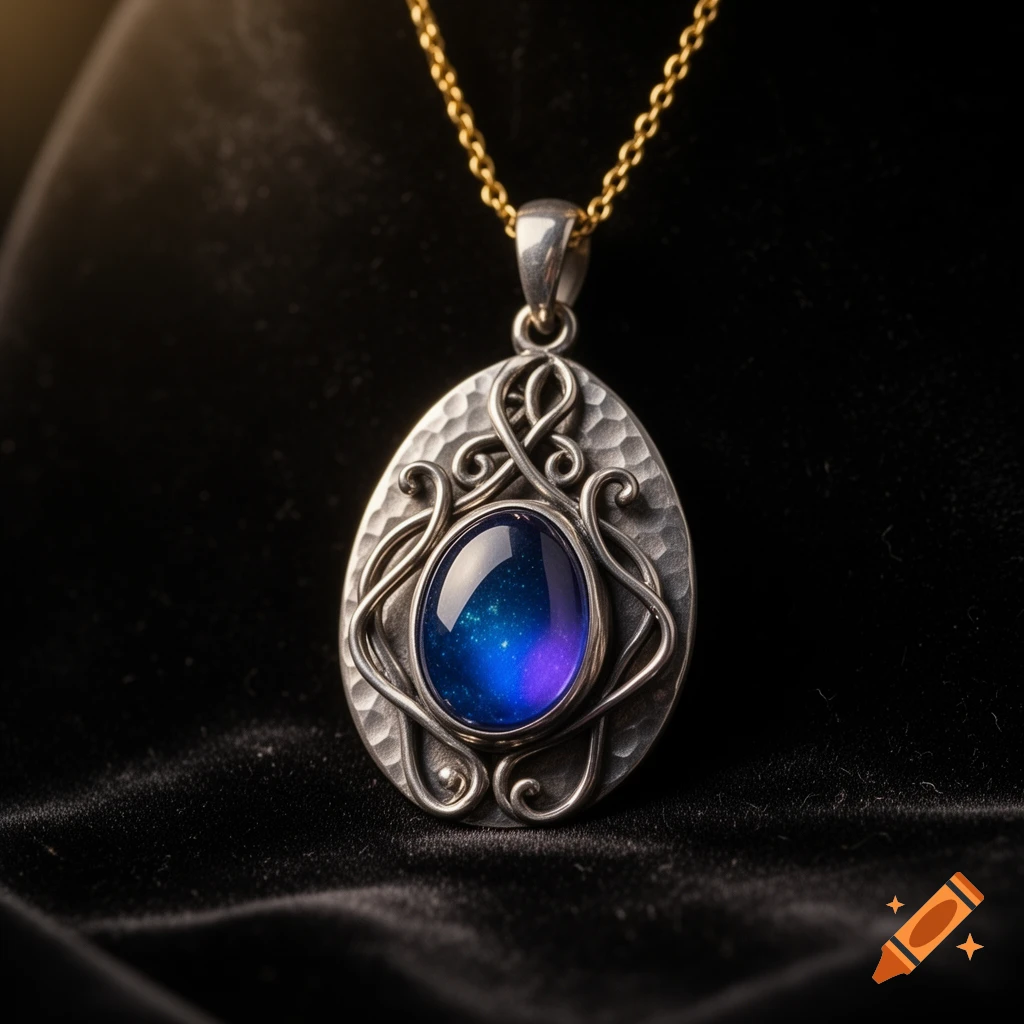 A silver pendant with an oval blue and purple starry gem on a gold chain, resting on black velvet.