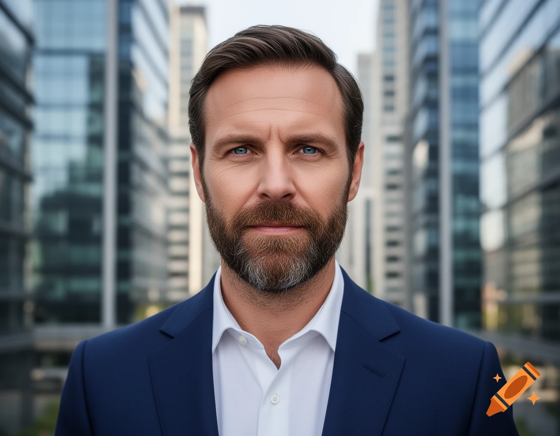 Photorealistic portrait of a bearded man in a suit, standing in front of modern glass buildings.
