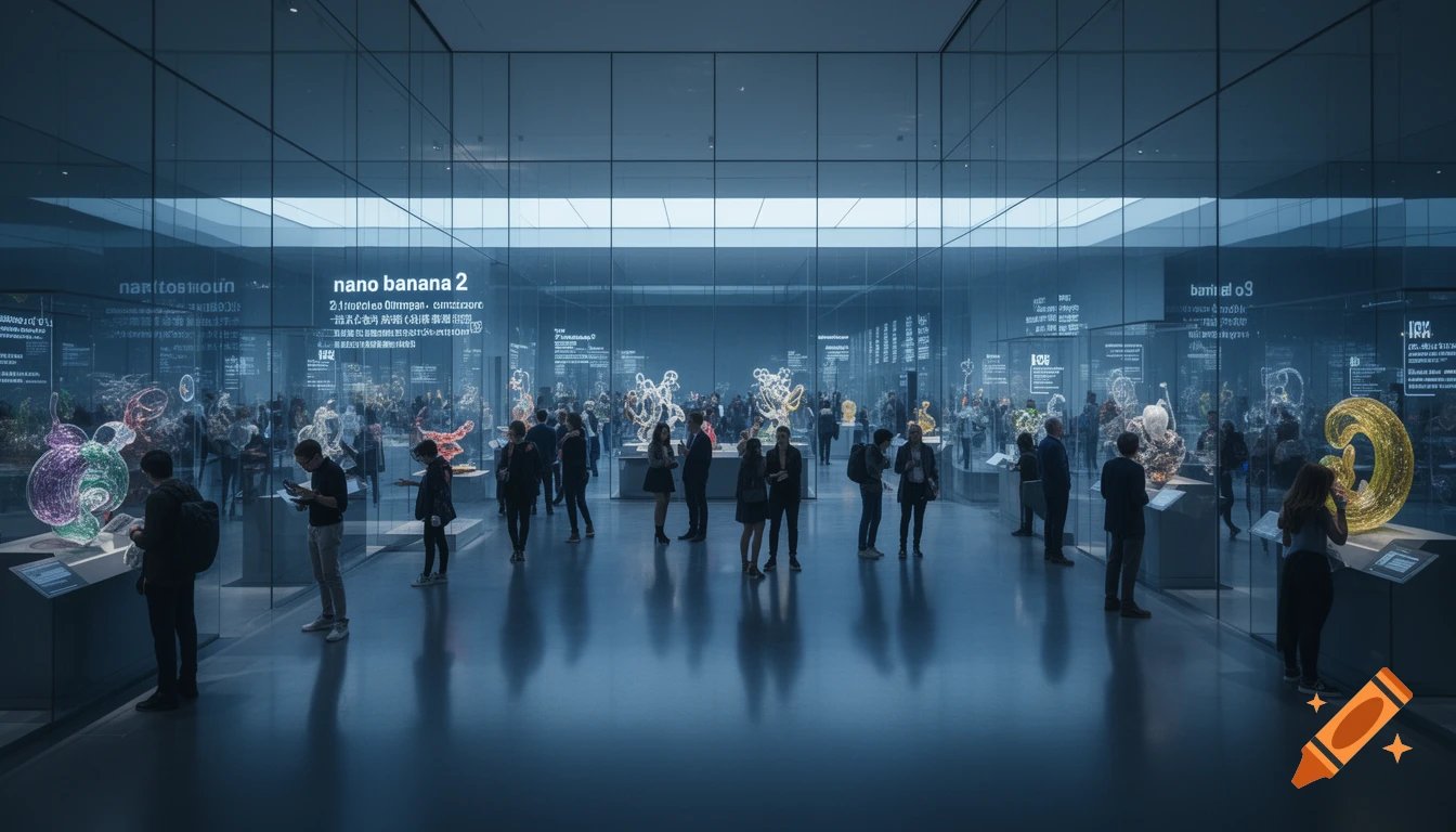 A futuristic museum interior with numerous visitors observing glowing, abstract nano art exhibits within glass cases.