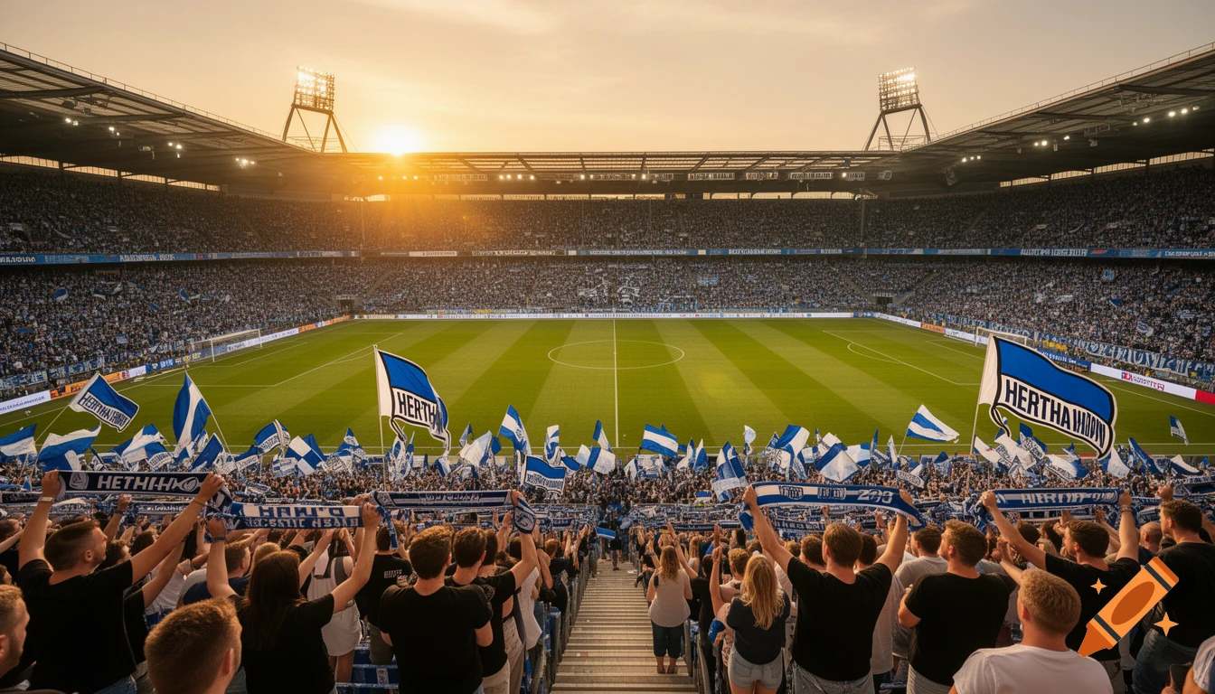 Photorealistic wide-angle view of a crowded football stadium at sunset, packed with fans in blue and white, holding flags and scarves.
