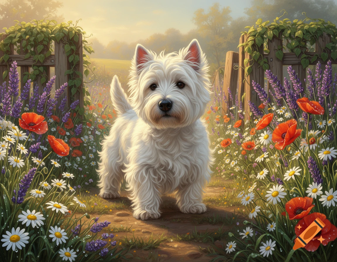 A fluffy white West Highland White Terrier stands on a path in a vibrant garden blooming with purple lavender, red poppies, and white daisies, rendered in a detailed digital painting style.
