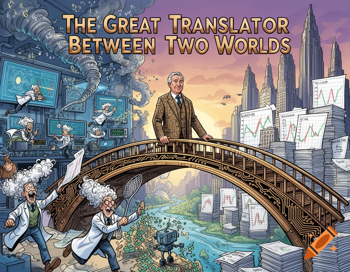 A colorful comic illustration titled 'The Great Translator Between Two Worlds' shows a man on a PCB bridge connecting a chaotic research lab to a city skyline filled with data sheets.