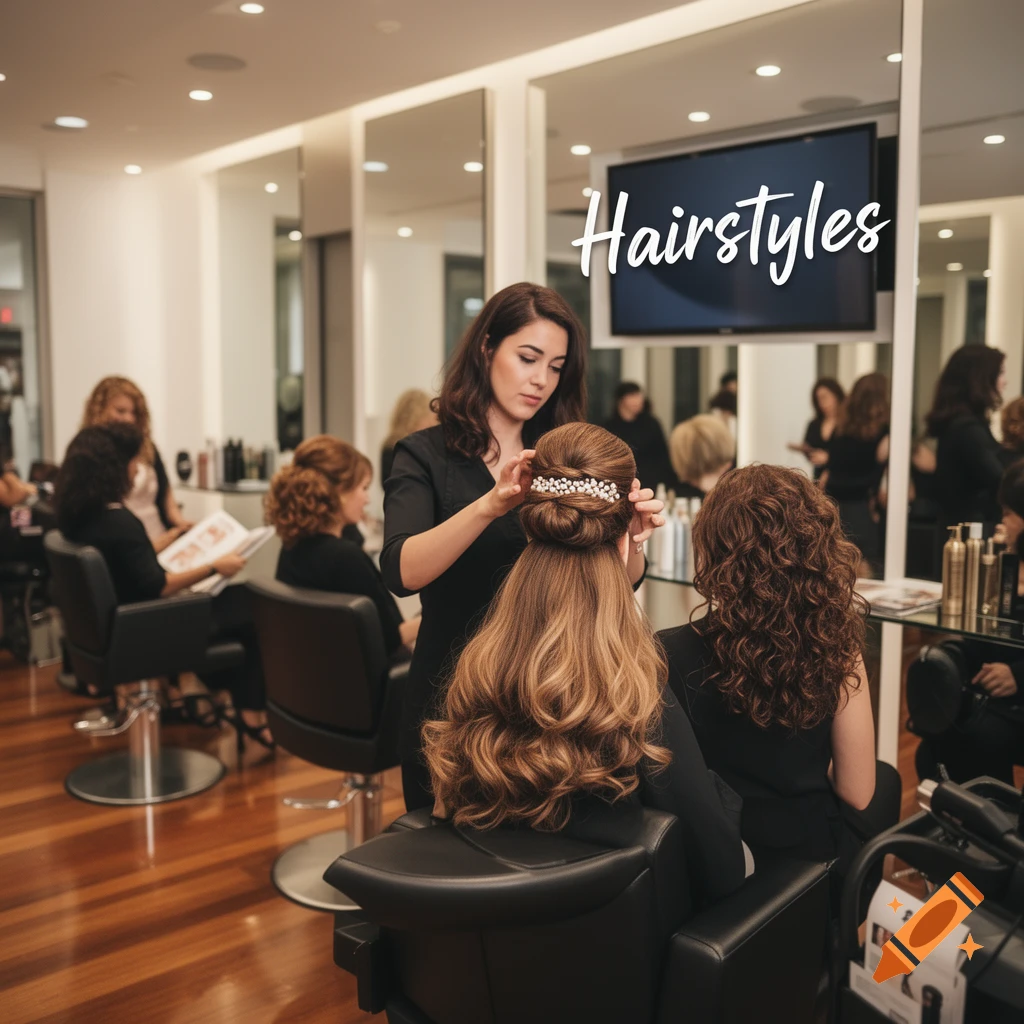 A stylist expertly styles a client's hair into an elegant updo, adorned with pearls, in a busy hair salon.