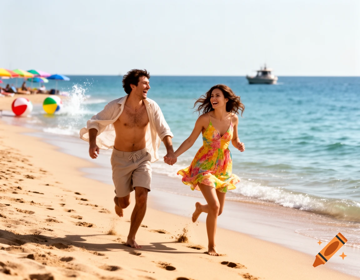 A smiling couple runs hand-in-hand along a sunny beach with the ocean and distant boat in the background.
