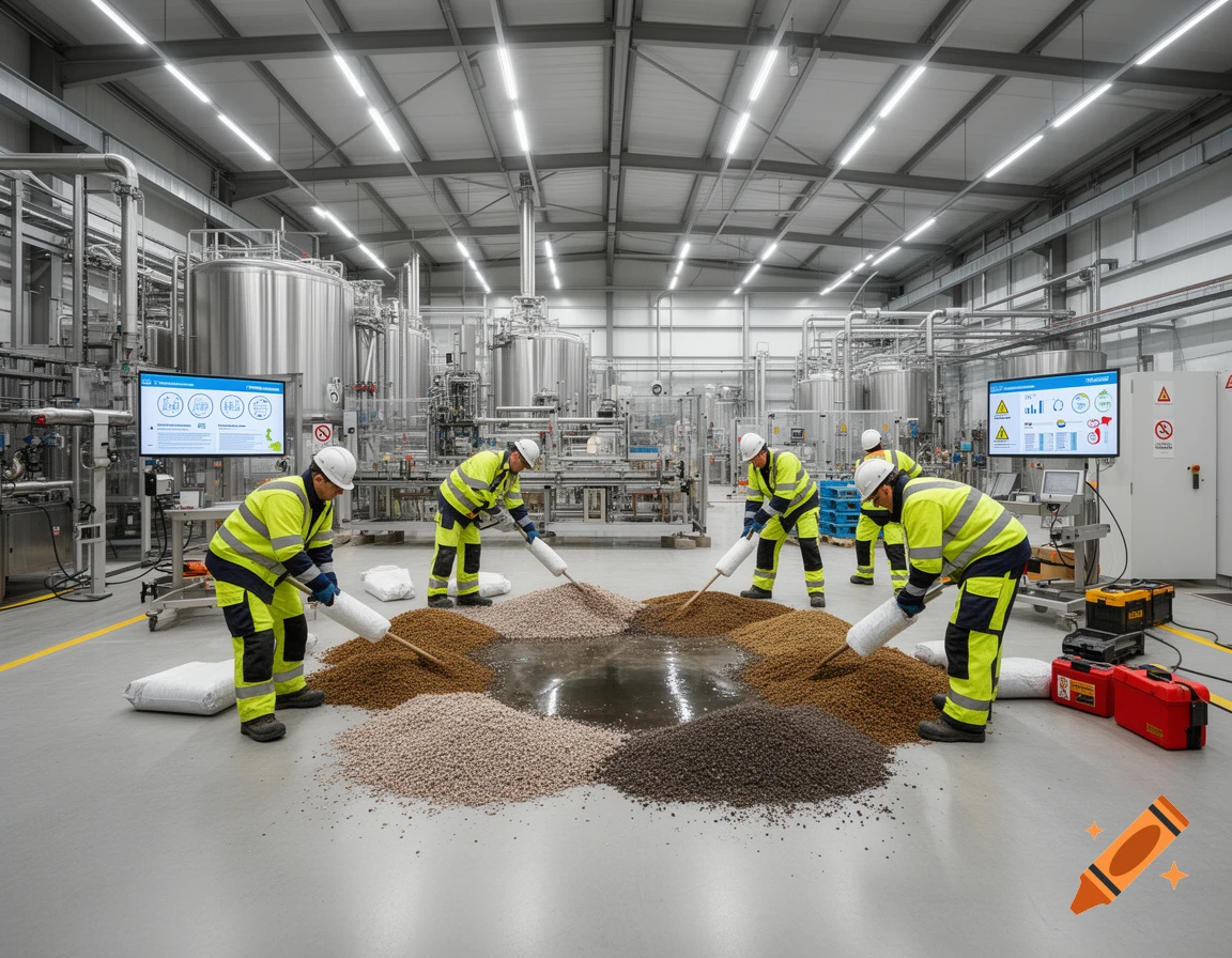 Photorealistic image of workers in a clean industrial facility, handling piles of granular oil and chemical binders.
