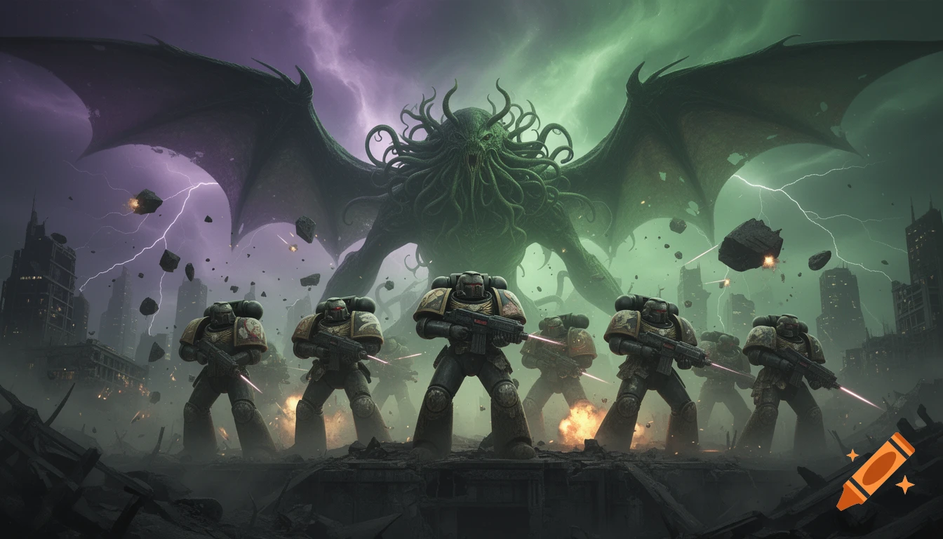 Photorealistic scene of armored Space Marines battling a giant Cthulhu-like monster in a destroyed city under a cosmic, lightning-filled sky.