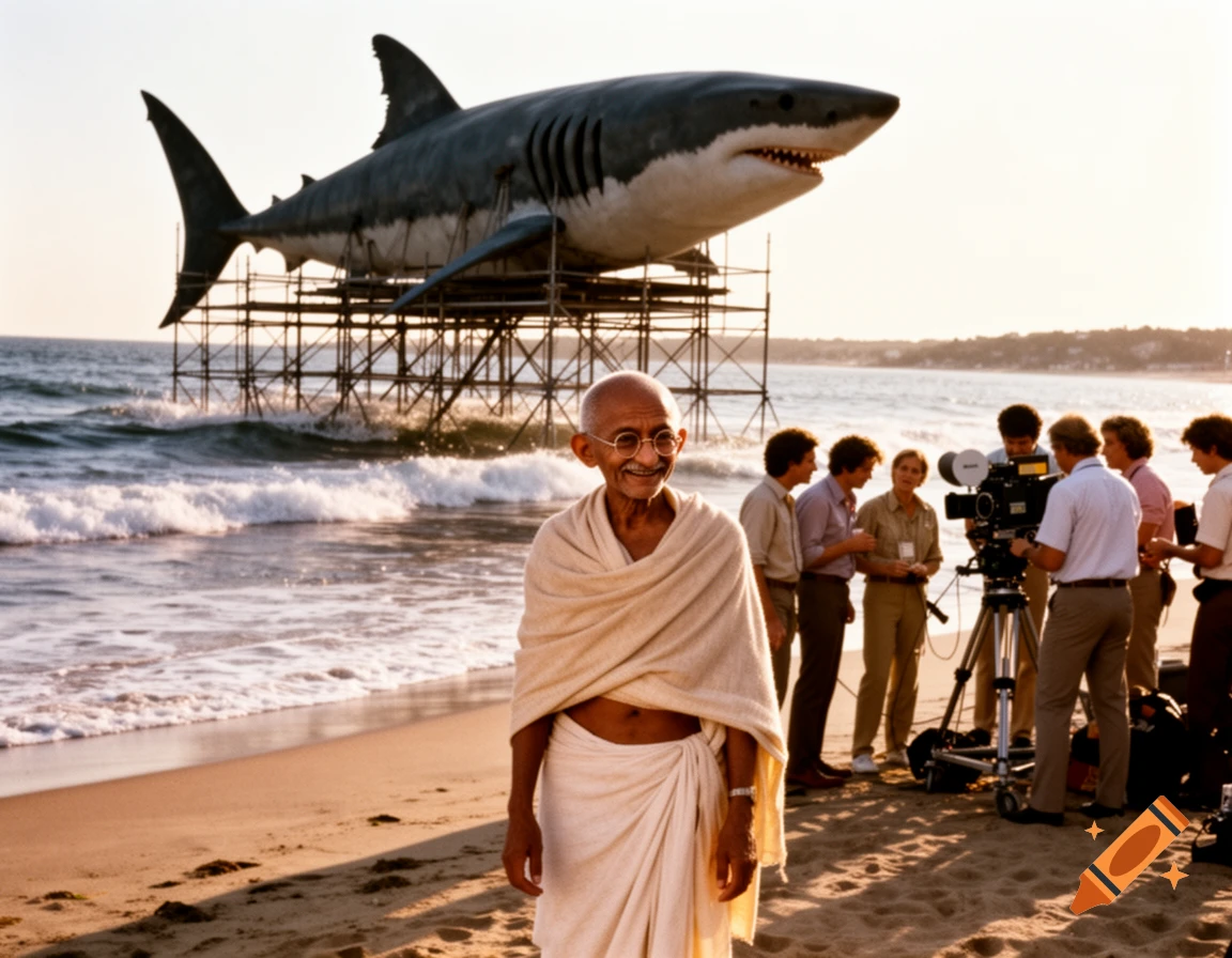 Photorealistic image of Mahatma Gandhi smiling on a sunny beach, with a large shark movie prop on scaffolding and a film crew.