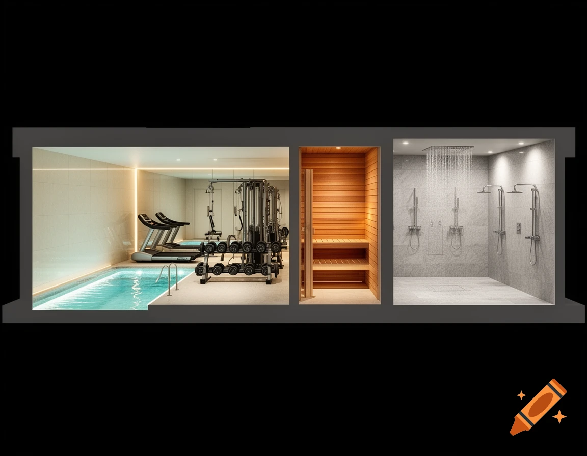A modern interior showing a swimming pool, a home gym, a wooden sauna, and a multi-stall shower area with rain shower heads.