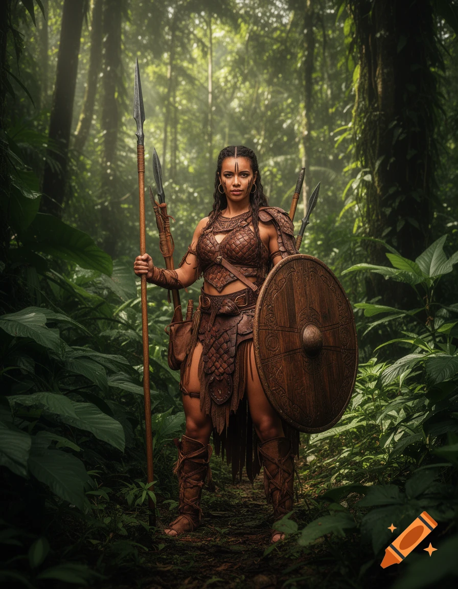 A photorealistic image of a powerful female warrior in leather armor, holding a spear and shield, standing in a lush, misty jungle.