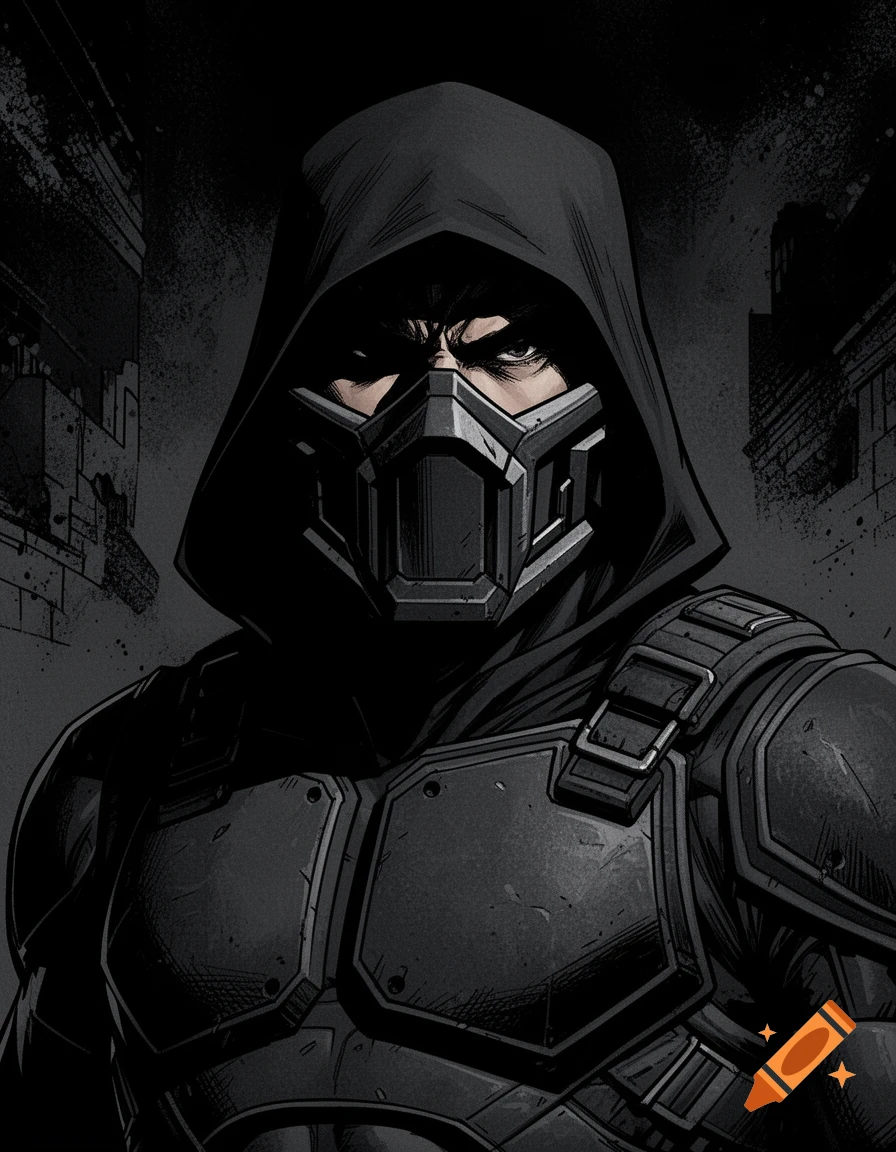 A dark, gritty comic book illustration of a hooded superhero wearing a tactical mask and armor, against a dark, urban background.