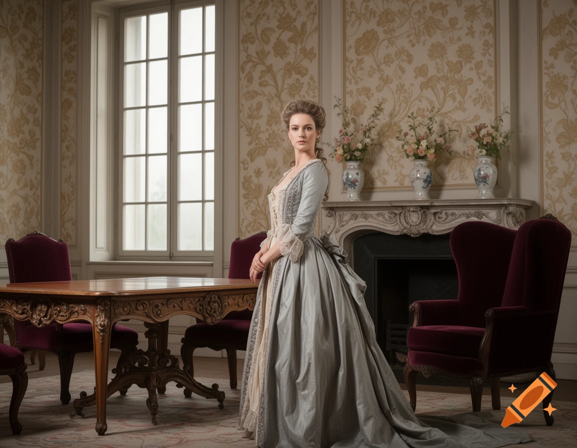 A woman in a light blue 18th-century gown stands in a luxurious room with ornate wallpaper, fireplace, and large window.