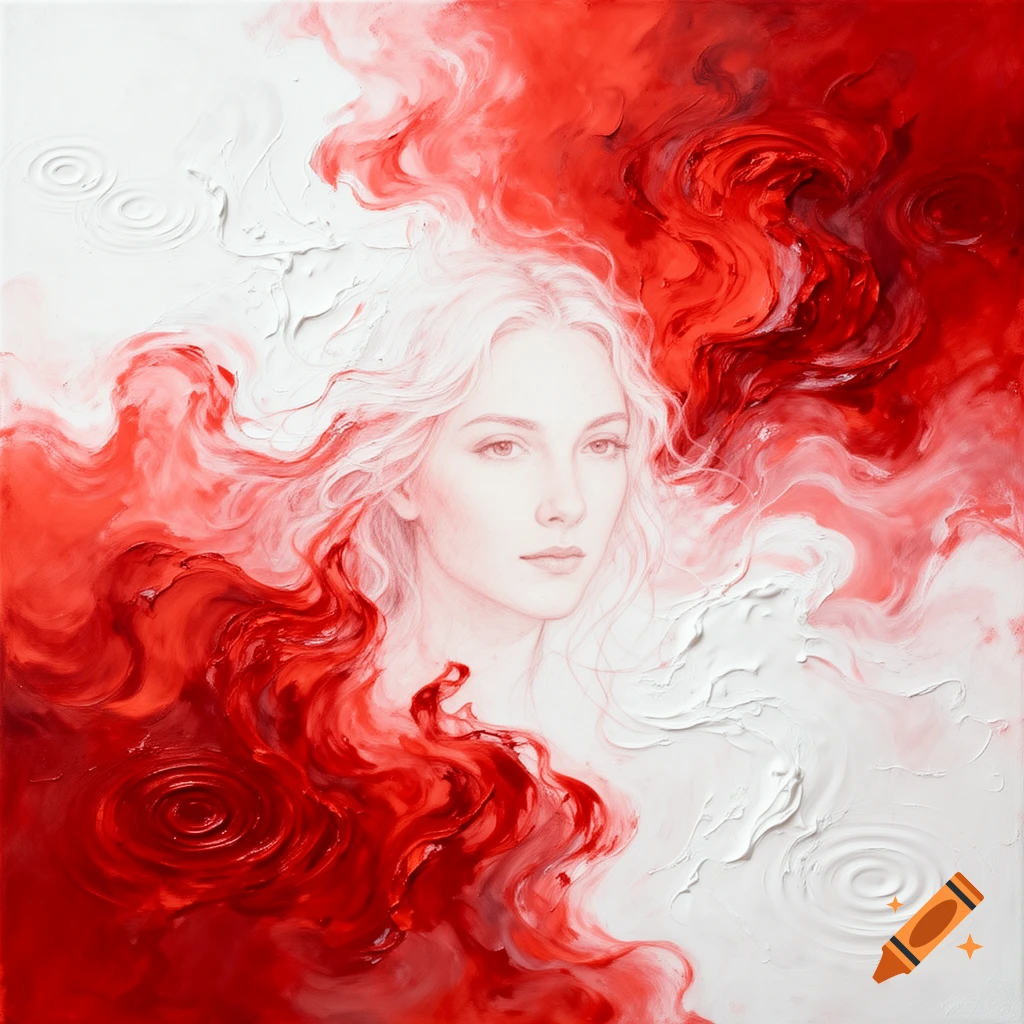 Abstract painting featuring a woman's face with flowing red and white brushstrokes.