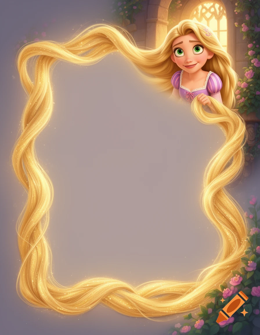 Smiling Rapunzel from Disney's Tangled in a window, her long golden hair forming a glowing, glittery border around a blank space.