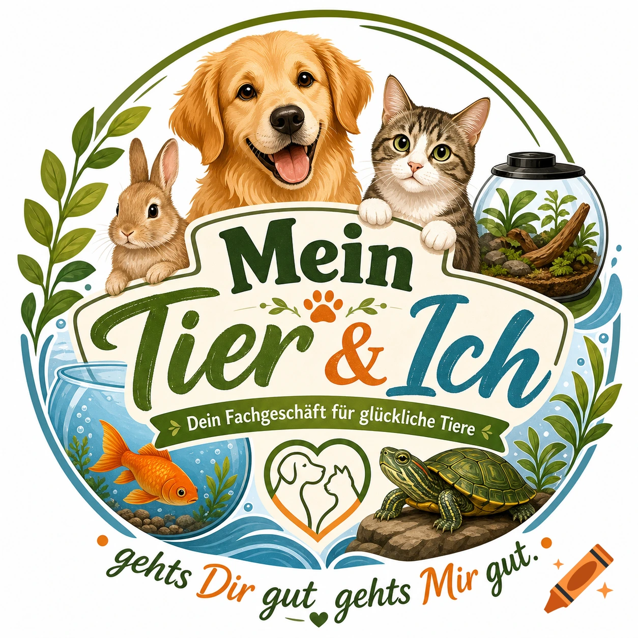 A colorful logo with a golden retriever, a rabbit, a tabby cat, a goldfish, and a turtle. Text reads "Mein Tier & Ich", "Dein Fachgeschäft für glückliche Tiere", and "gehts Dir gut gehts Mir gut."