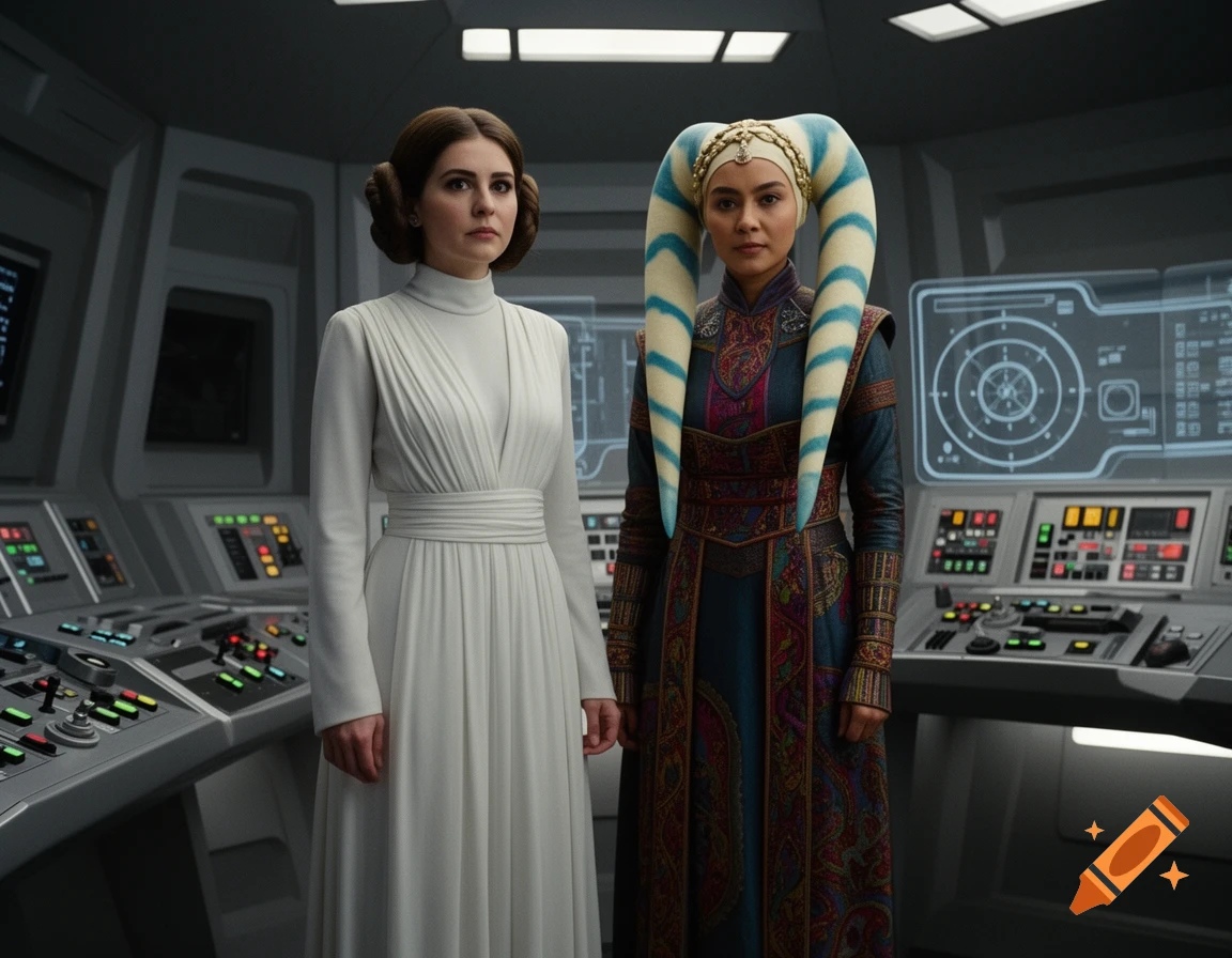 A woman in a white gown and another with blue and white head-tails stand on a spaceship bridge.