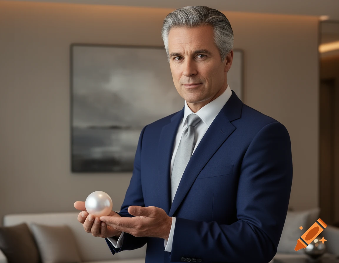 A distinguished man in a navy suit holds a large white pearl, looking forward in a professional setting.