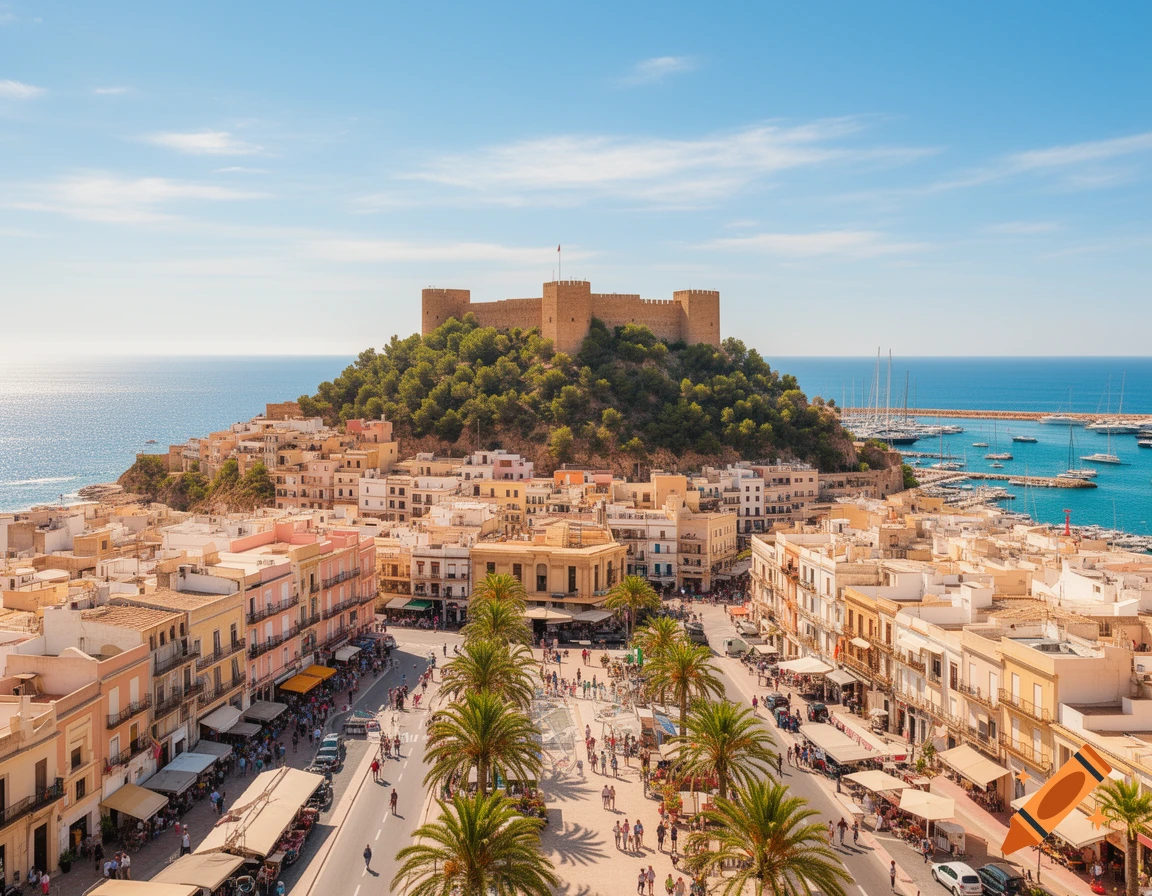 An aerial view of a vibrant coastal town with a historic castle on a lush green hill overlooking the sea and a busy marina.