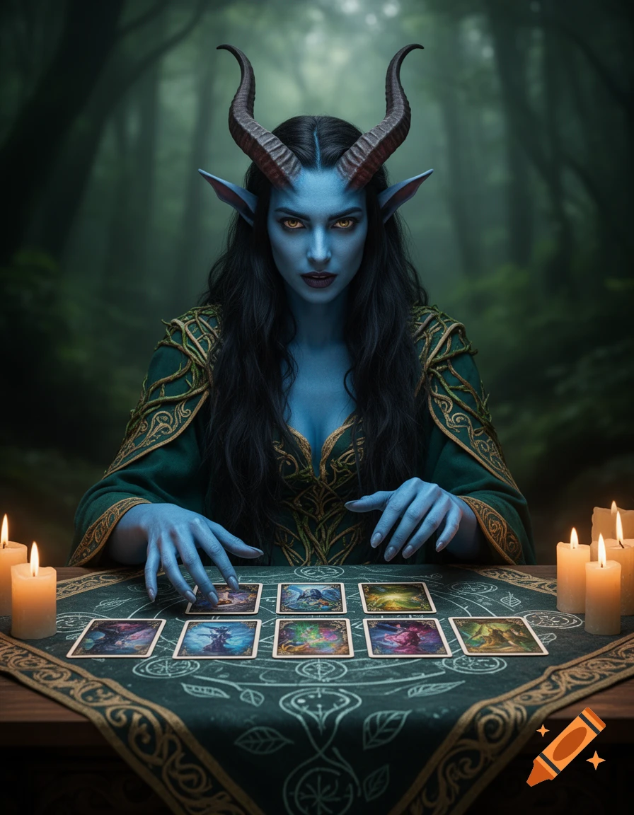 A blue-skinned, horned tiefling druid with dark hair reads tarot cards on an ornate cloth, surrounded by candles in a mystical forest.