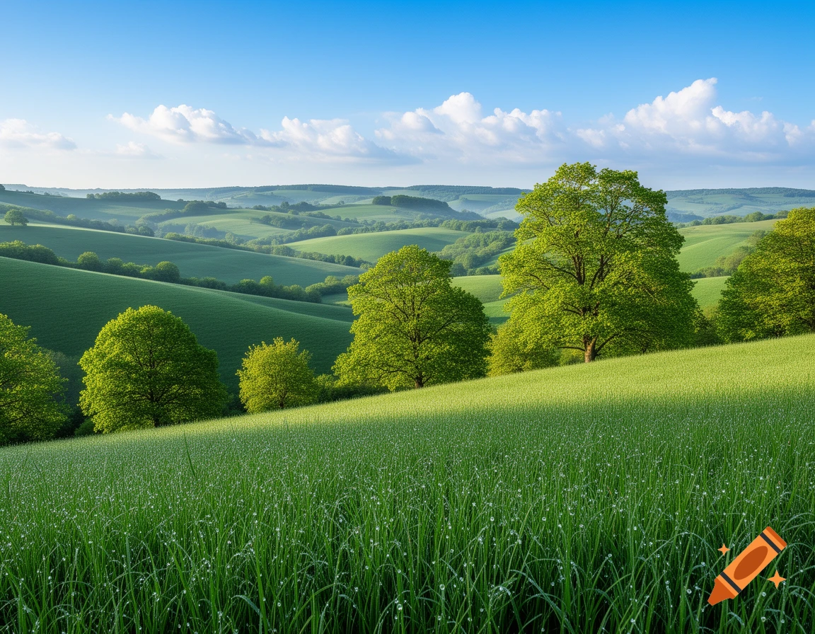 Vibrant green rolling hills with lush grass and scattered trees under a clear blue sky, dewdrops visible on foreground grass.