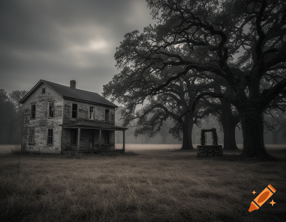 A dark, monochromatic image of an old, dilapidated house, a stone well, and large, eerie oak trees in a foggy field under a cloudy sky.