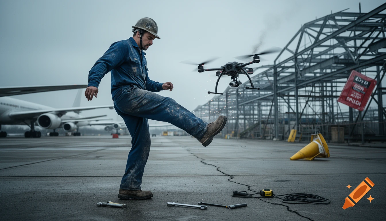 A man in a blue work uniform kicks a drone on an airport runway with parked airplanes and industrial structures in the background.