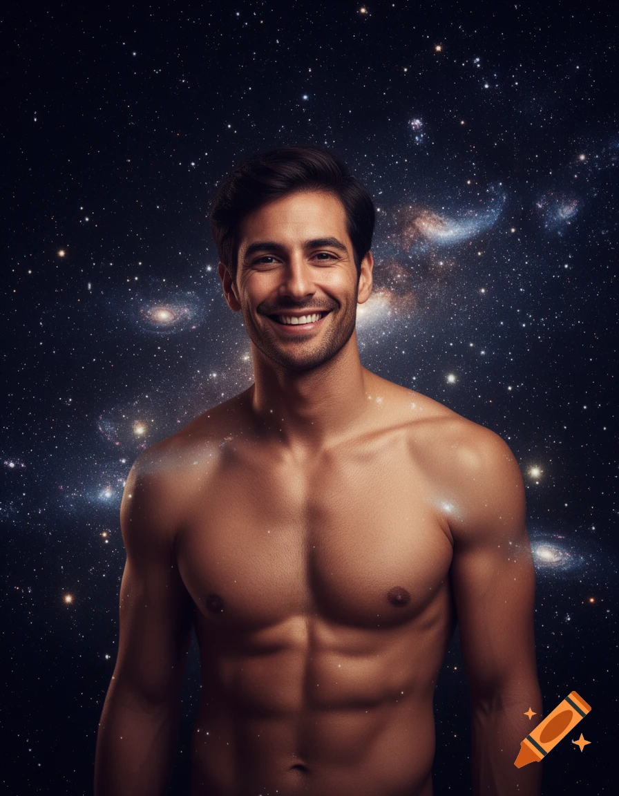 A smiling shirtless man with dark hair and a beard stands against a backdrop of deep space, stars, and galaxies.