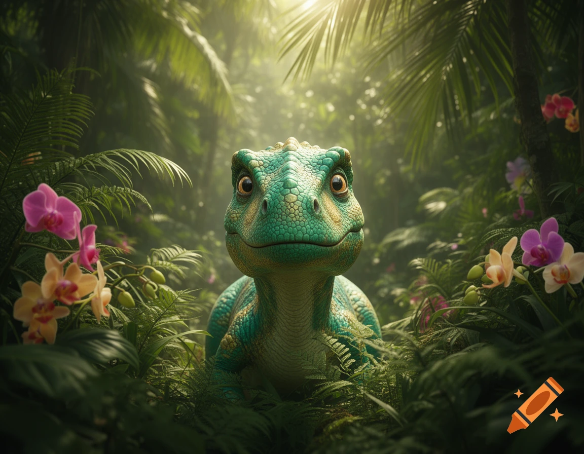 A cute, friendly green dinosaur with large eyes peeks from lush tropical jungle foliage and pink orchids, with sunlight filtering through the canopy.
