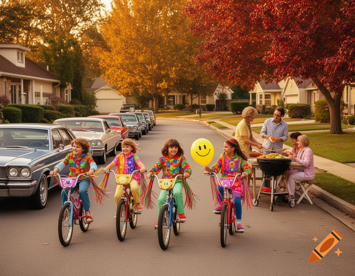 Three children ride colorful bikes on a suburban street while adults barbecue nearby under autumn trees.