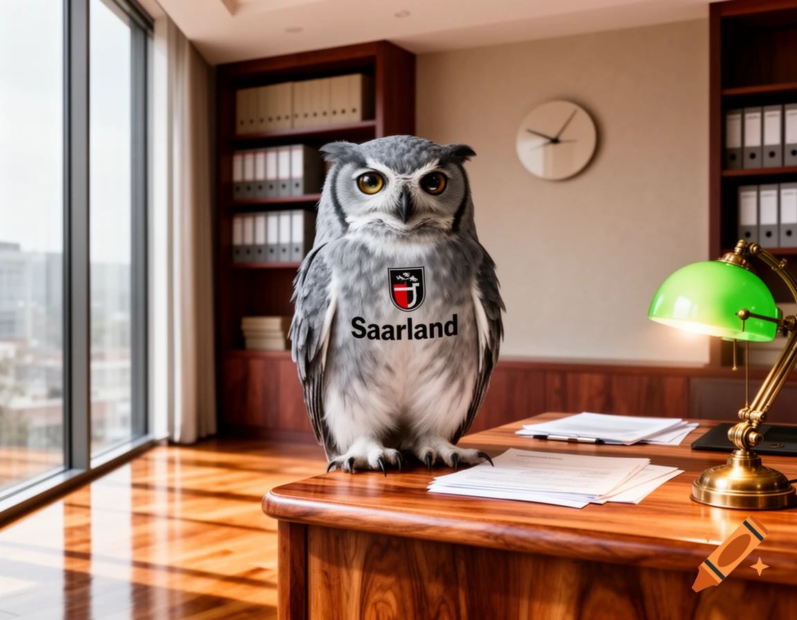 A grey and white owl with 'Saarland' text and a crest on its chest stands on a wooden desk in an office with a city view.