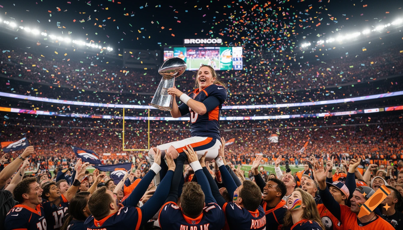 Photorealistic image of a female Broncos quarterback lifted by teammates and fans, holding the Super Bowl trophy in a stadium with confetti falling.