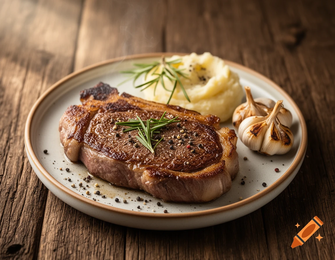 Photorealistic image of a cooked steak with mashed potatoes, roasted garlic, and rosemary on a plate, set on a rustic wooden table.