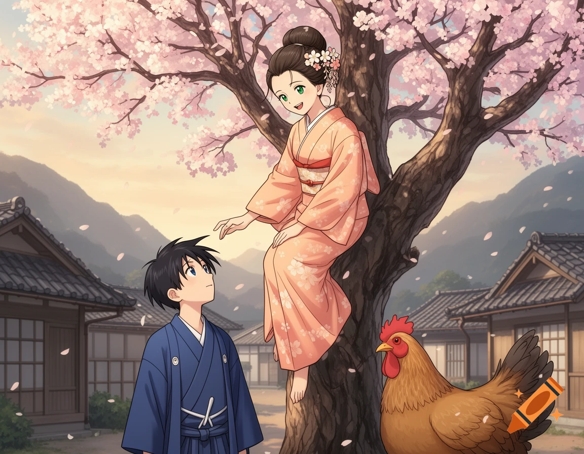 Anime woman in pink kimono in cherry tree, boy in blue kimono looks up, large chicken stands nearby in traditional Japanese village.