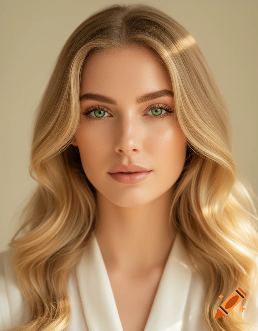 A photorealistic close-up portrait of a woman with long wavy blonde hair and vibrant green eyes, wearing a white top.