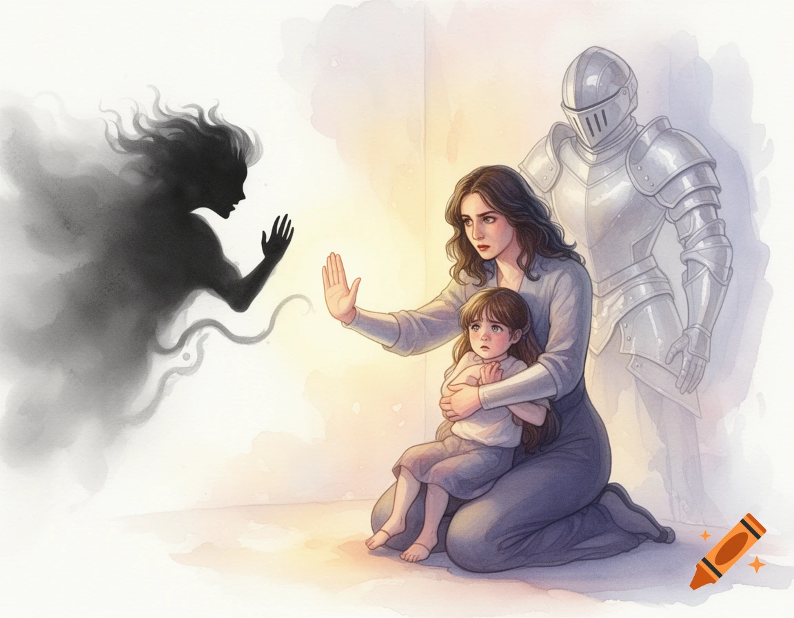 Watercolor art of a woman protecting a child from a shadow figure, with a ghostly knight behind, symbolizing emotional protection.