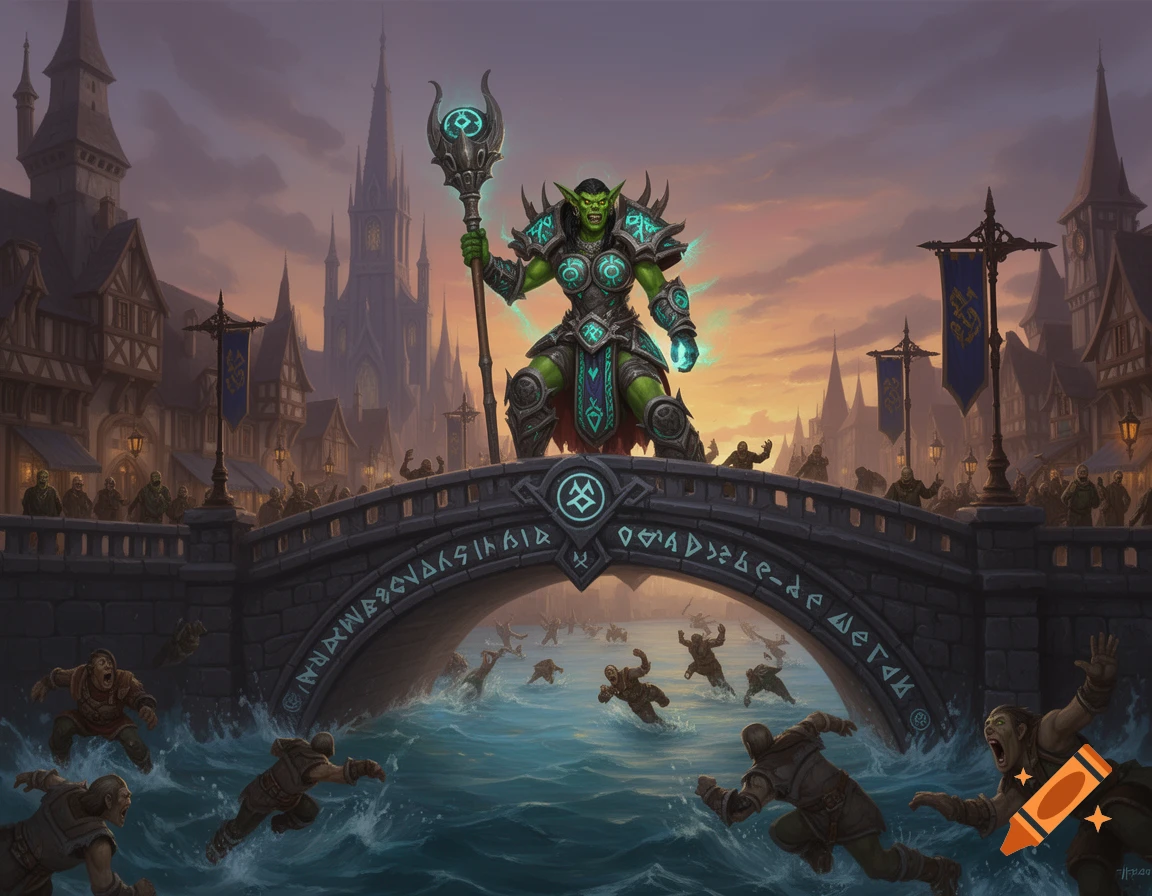 A powerful green female orc shaman with a glowing staff stands on a stone bridge, watching frightened people jump into the water below a fantasy city at sunset.