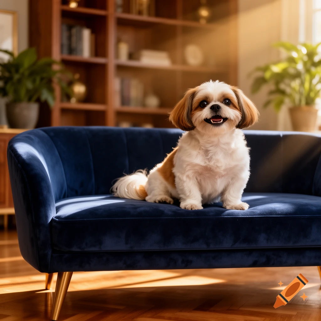 A fluffy brown and white Shih Tzu dog sits happily on a dark blue velvet couch in a sunlit living room with bookshelves.