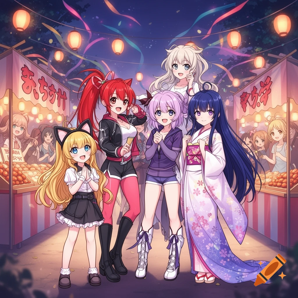 Anime girls at a vibrant night festival with lanterns and food stalls.