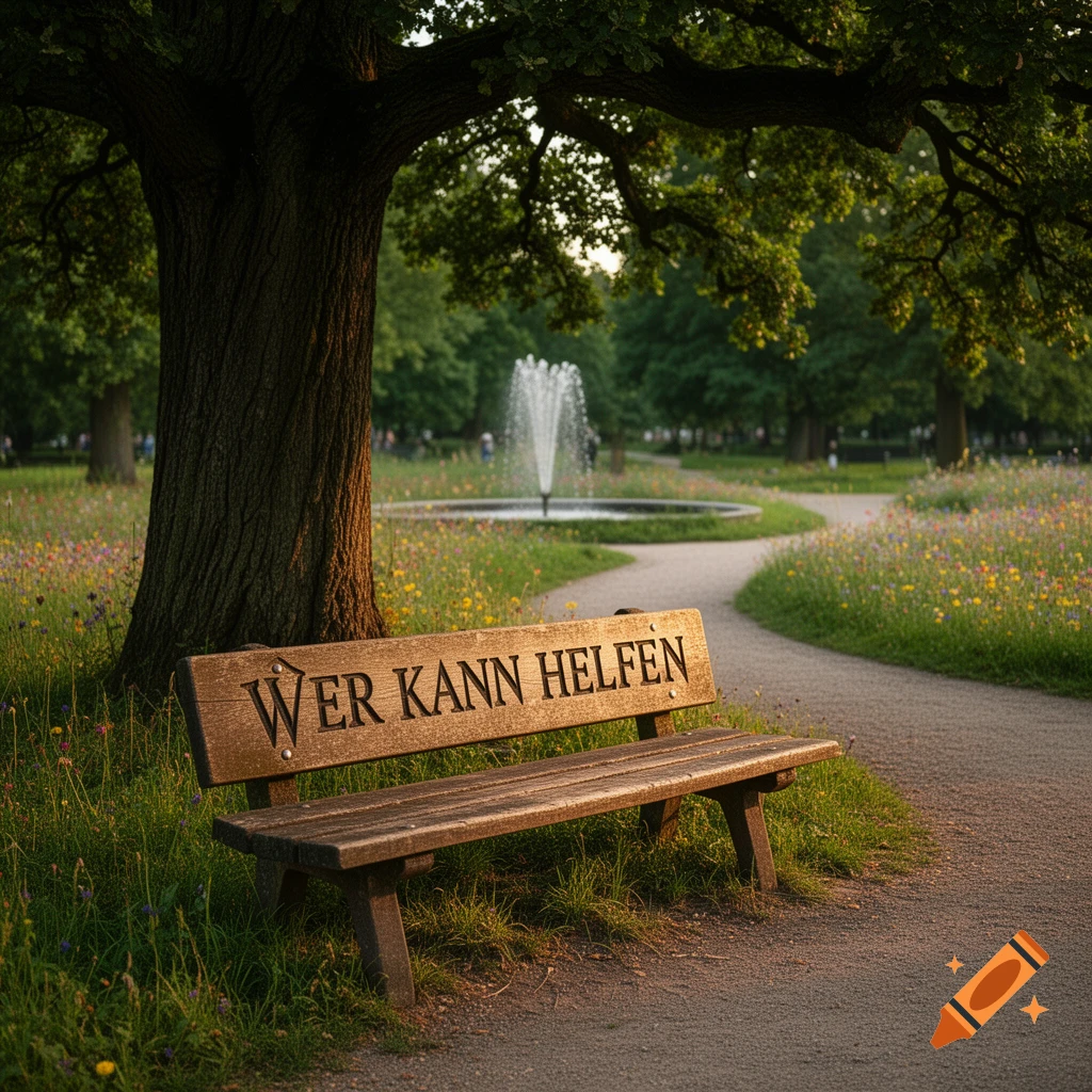 A park bench with "WER KANN HELFEN" carved into it, beneath a large tree, facing a winding path and a distant fountain.