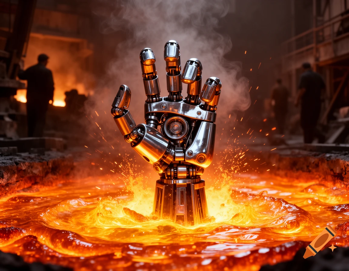 A silver robotic hand emerges from glowing molten metal in a dark industrial factory, with silhouetted workers.