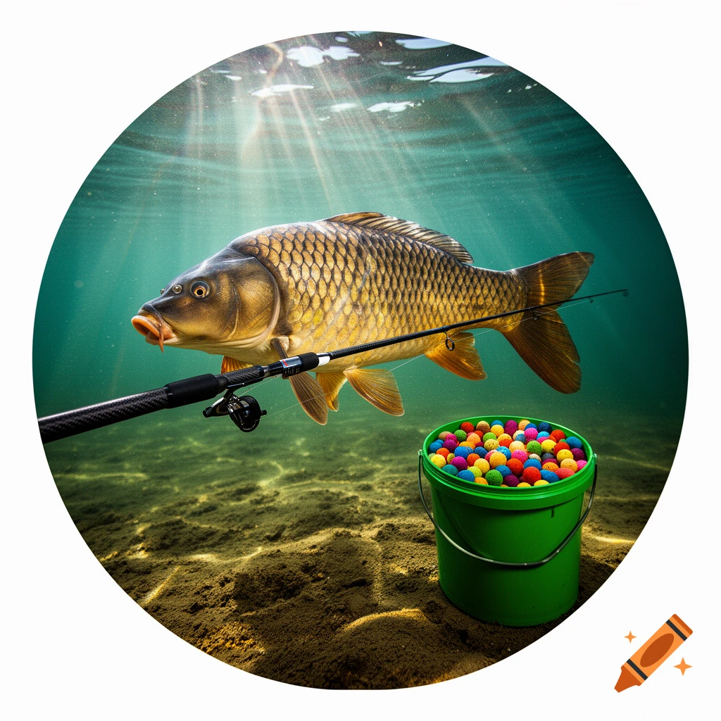 A highly realistic underwater view of a carp next to a fishing rod and a green bucket filled with colorful boilies, with sun rays filtering through the water.