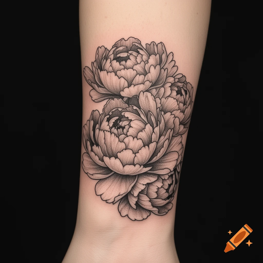A detailed black and grey peony tattoo on an arm.